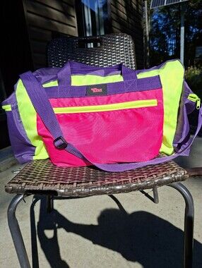 Vintage LYNX Neon Yellow Pink Purple Nylon Duffle Gym Bag Y2K Travel Retro Fluo